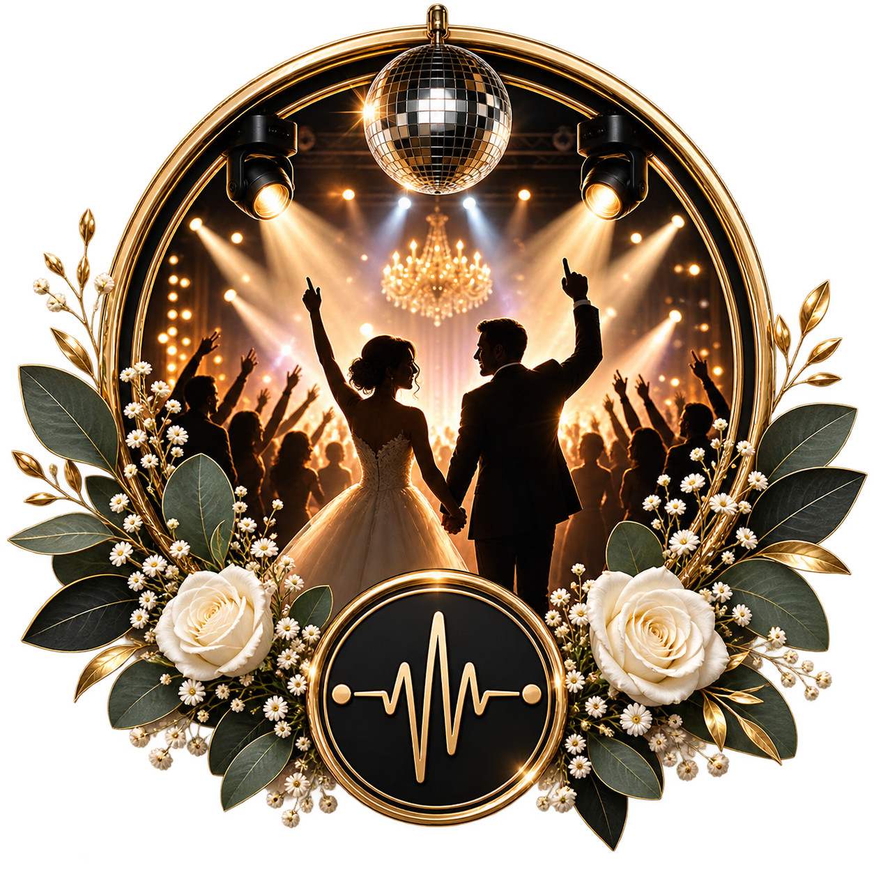 Silhouettes of a bride and groom dancing at a formal event with a disco ball and a chandelier in the background, surrounded by floral decorations and a heartbeat line symbol.