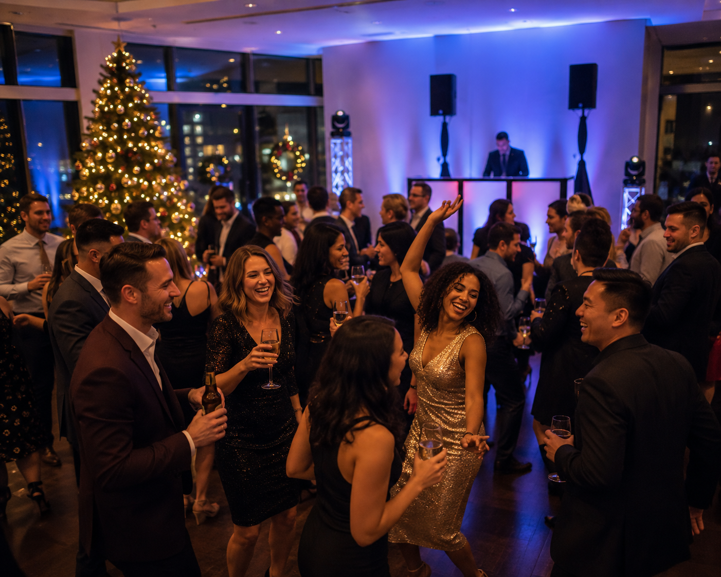 Employees celebrating at a company holiday party with DJ entertainment