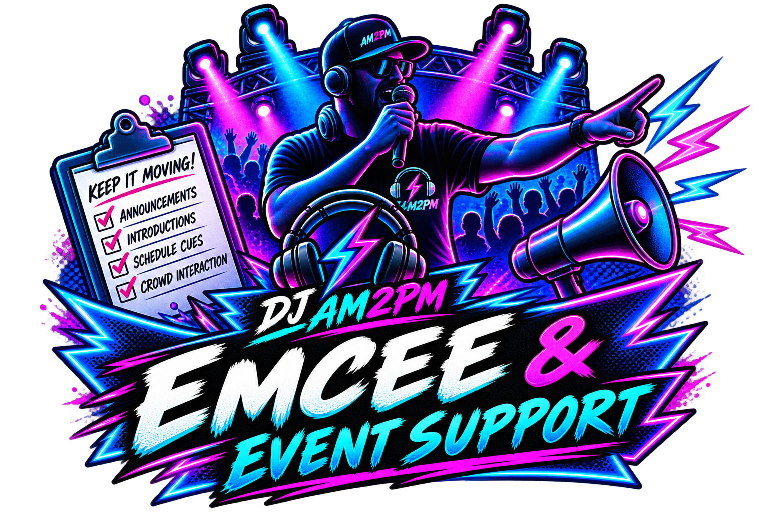 DJ and emcee support for announcements, introductions, schedule cues and crowd interaction