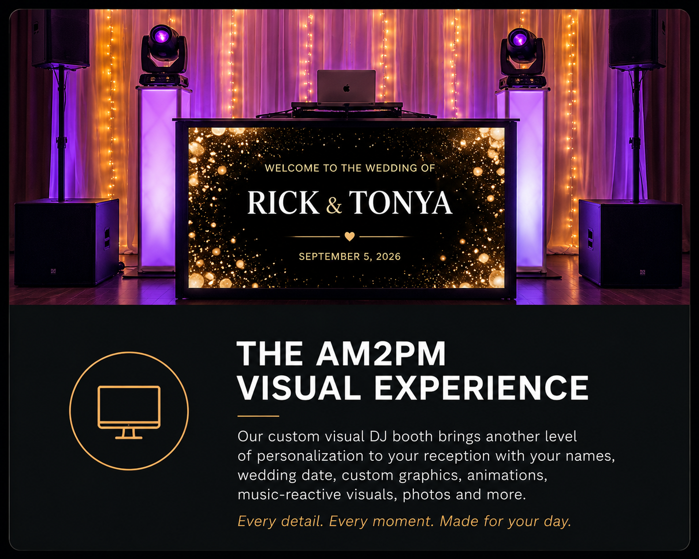 DJ AM2PM custom visual DJ booth with personalized wedding graphics, professional sound and lighting