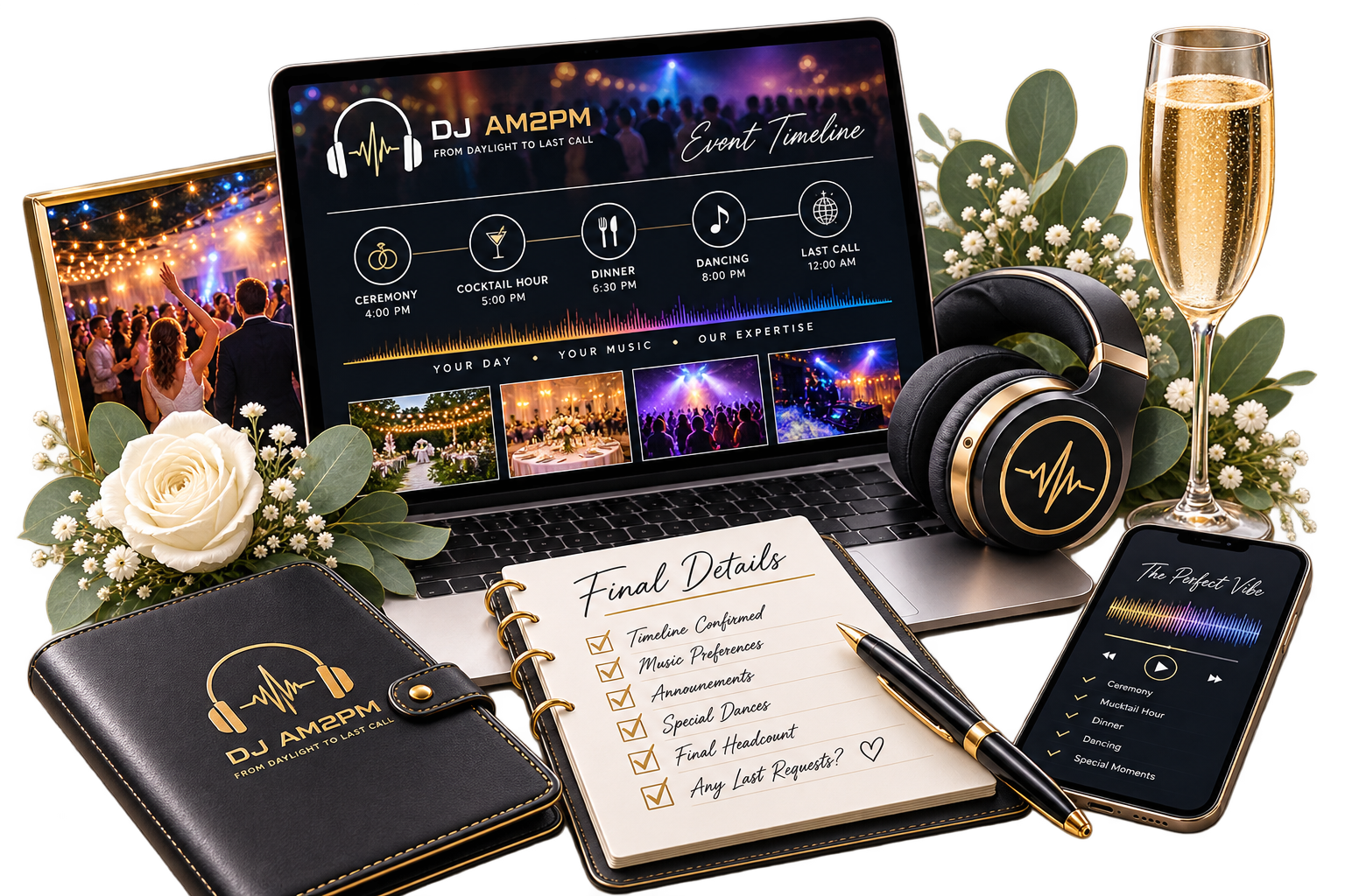 A laptop displays an event timeline for a wedding reception, showing ceremony, cocktail hour, dinner, dancing, and last call. Surrounding the laptop are wedding-related items including a black leather folder with a headsets logo and text, a notepad with checked items titled "Final Details," a pen, a smartphone with a playlist, a black and gold headset, a glass of champagne, a bouquet with white roses and baby's breath, and a framed picture of a wedding dance.