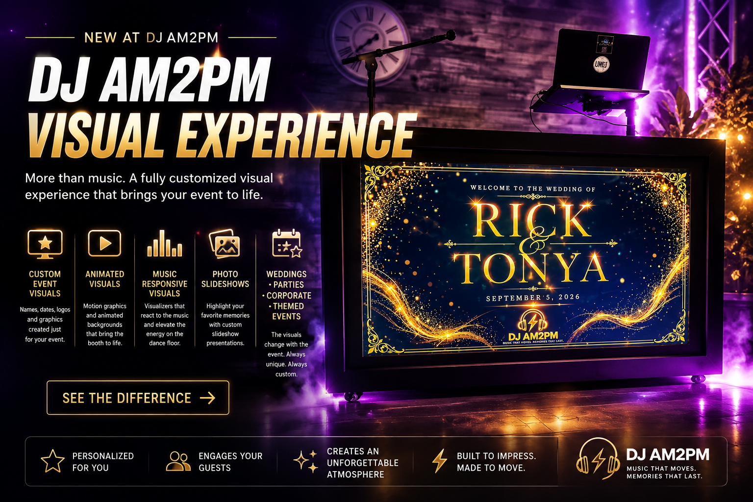 DJ AM2PM Visual Experience featuring a custom video DJ booth with personalized event graphics, animated visuals, photo slideshows and music-responsive effects