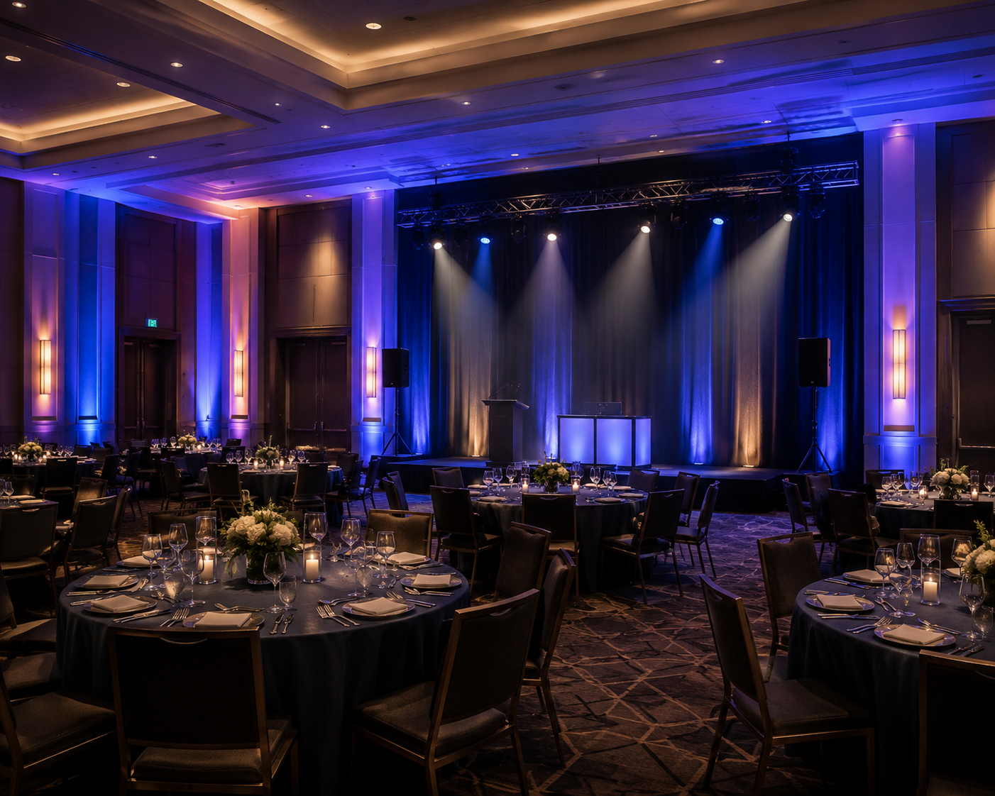 Professional event lighting transforming a corporate dinner and banquet space