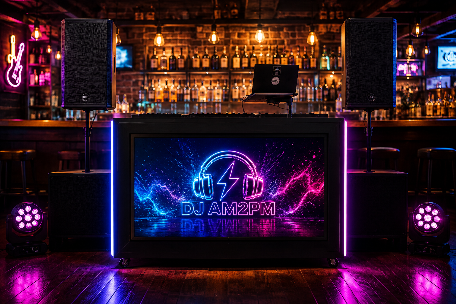 DJ AM2PM custom visual DJ booth setup with professional sound and lighting in a bar