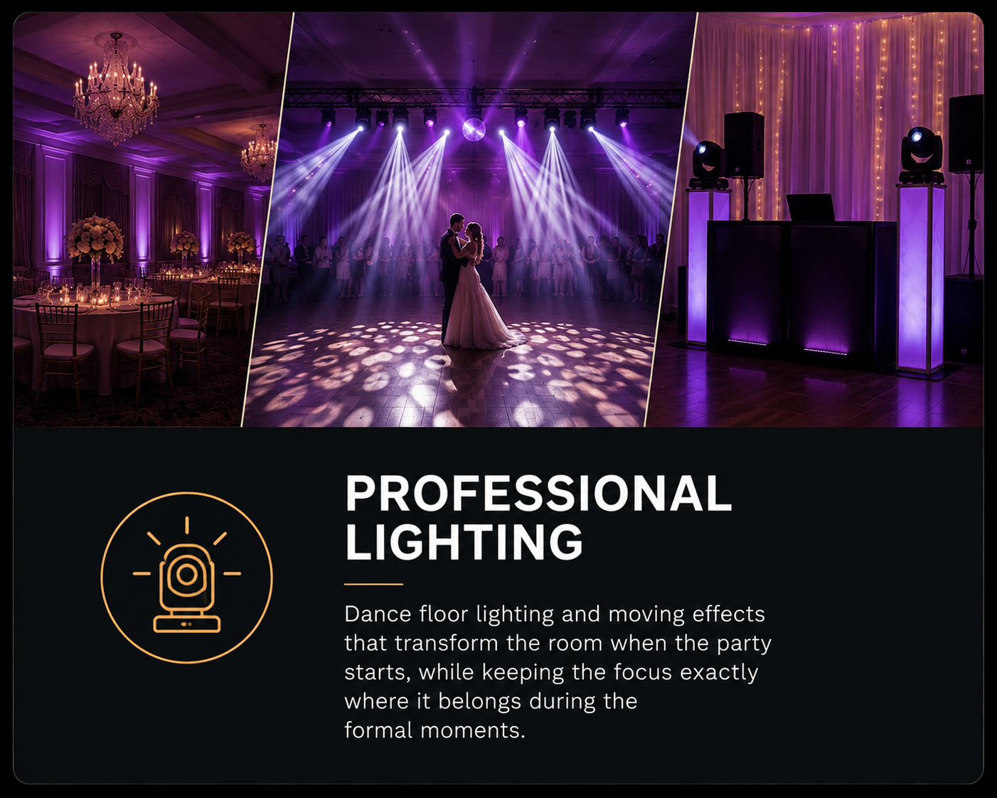Professional wedding DJ lighting with moving lights and dance floor effects at an elegant reception