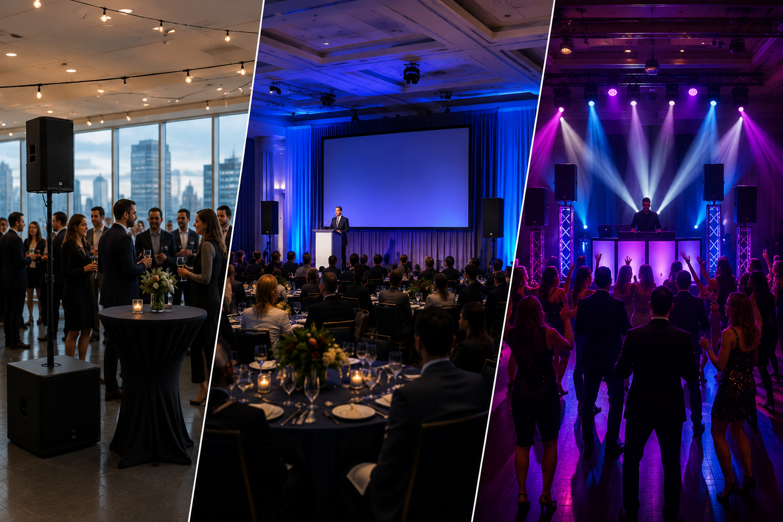 Multiple audio setups supporting cocktail hour, presentations and corporate entertainment