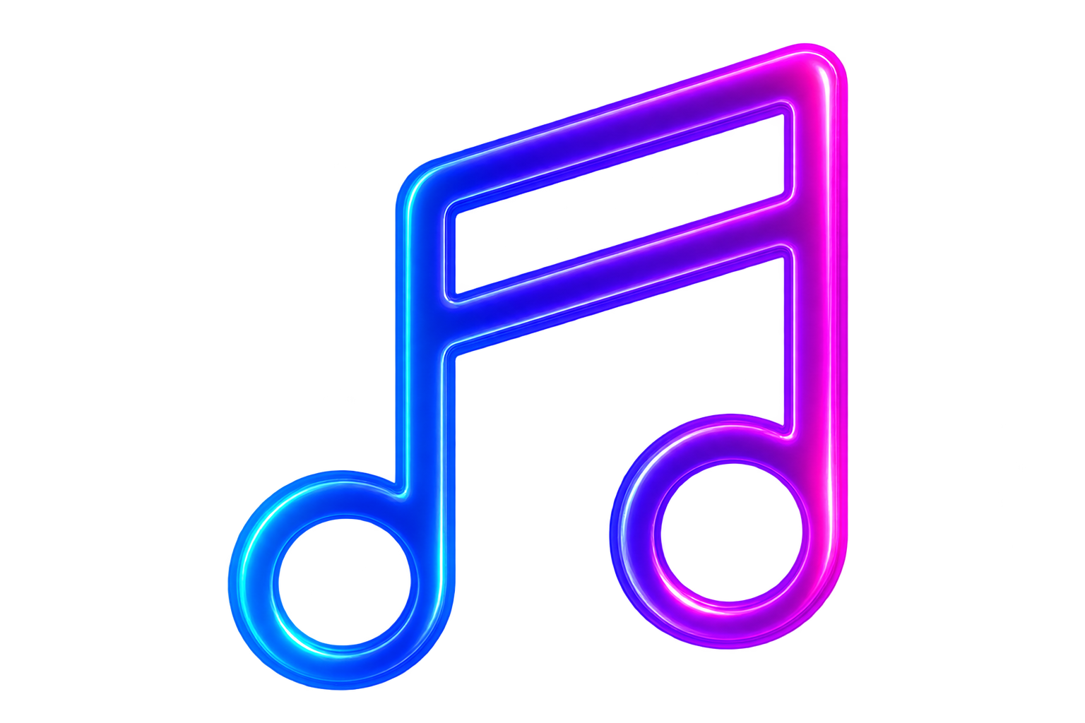 Neon-style music note icon with blue and pink glowing edges on a black background.