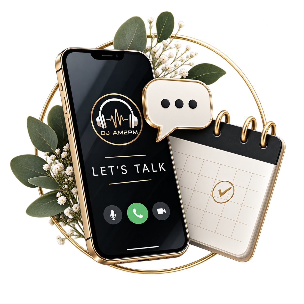 Smartphone with screen displaying a caller ID that says 'Let's Talk,' surrounded by a calendar, speech bubble, and decorative elements like flowers and leaves.