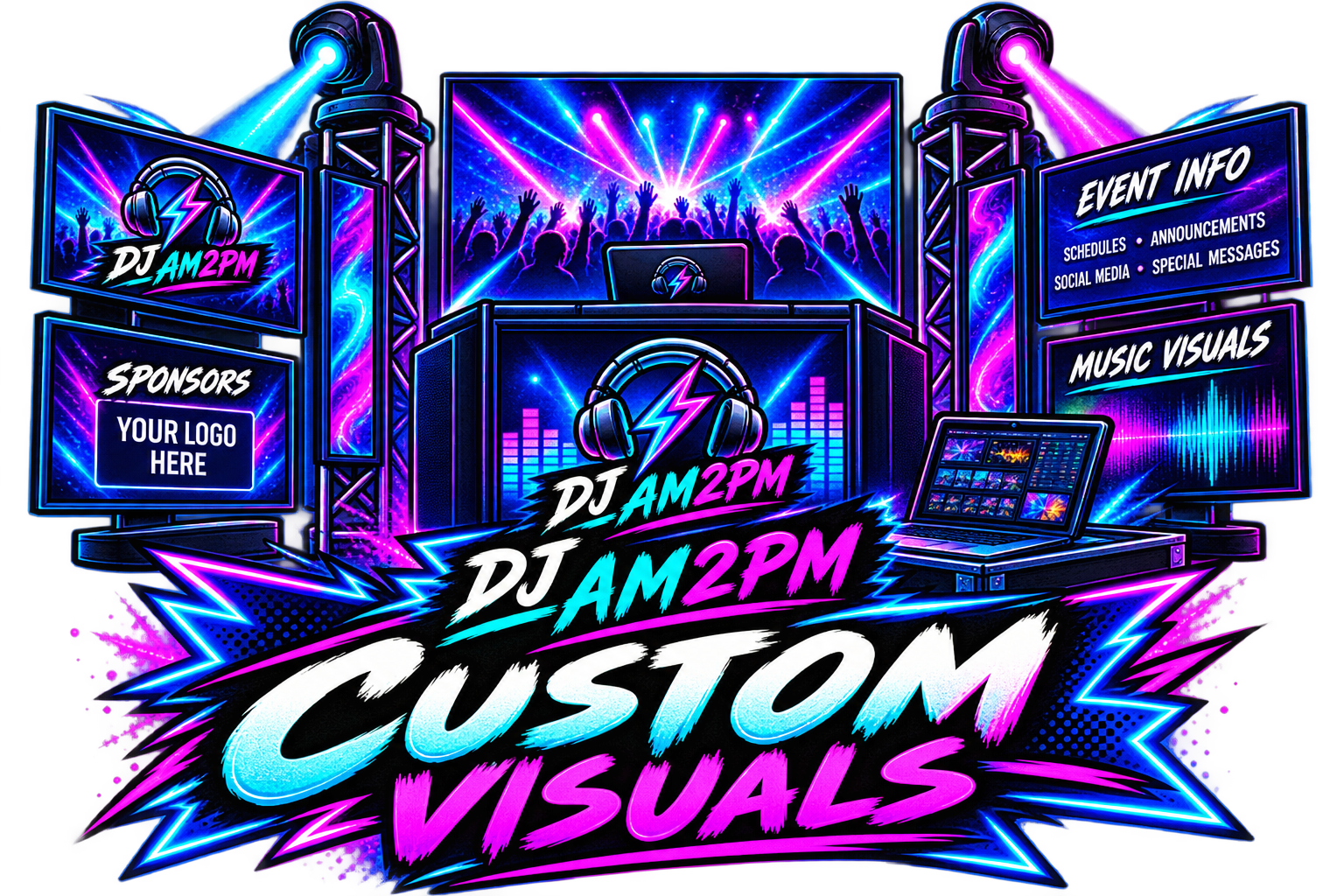 Custom event visuals featuring sponsor recognition, event messaging and music graphics