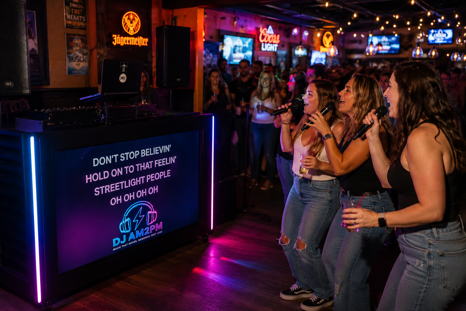 Karaoke and interactive DJ entertainment with music, trivia, Name That Tune and audience participation from DJ AM2PM.
