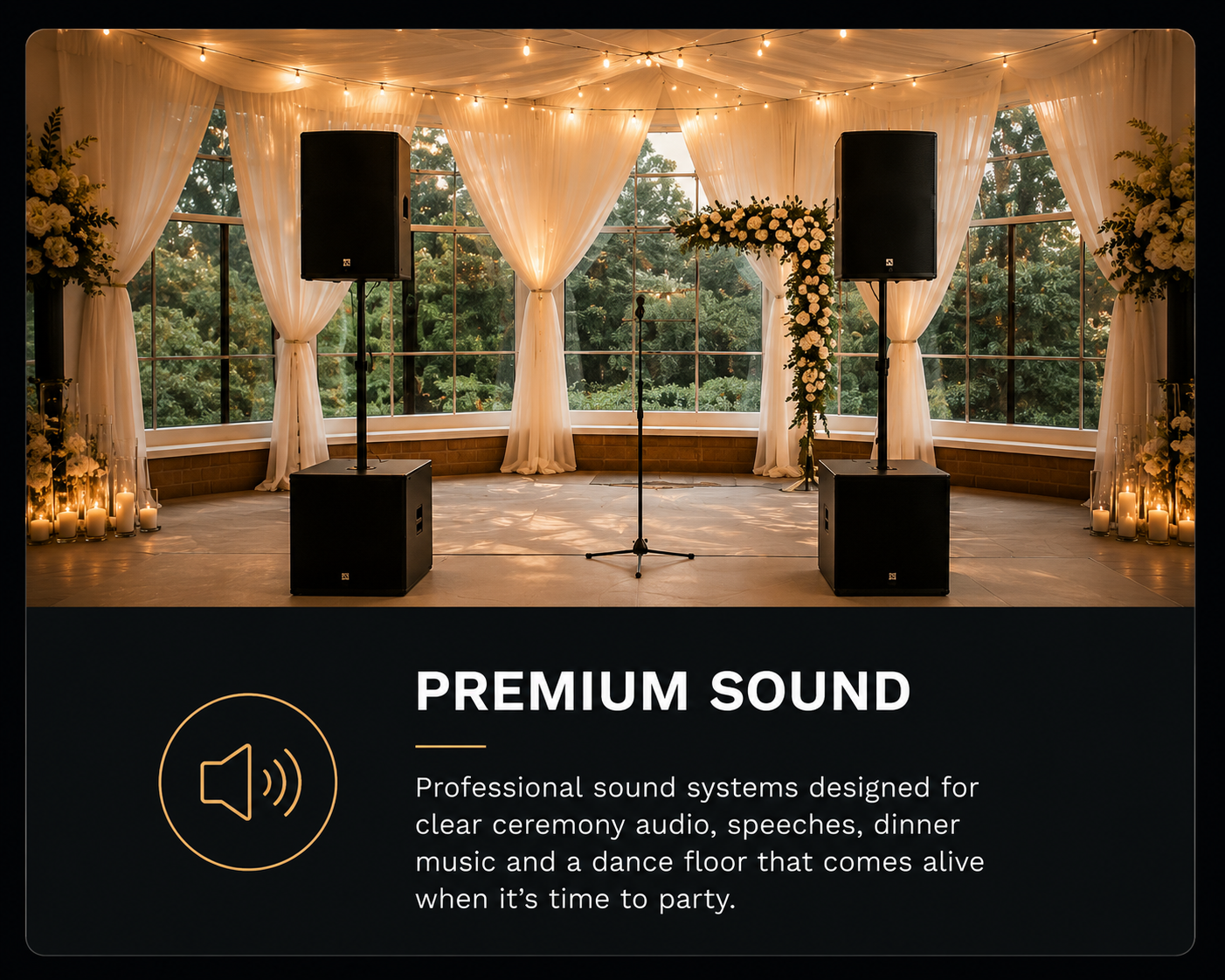 Professional wedding DJ sound system with speakers and microphone for clear ceremony and reception audio