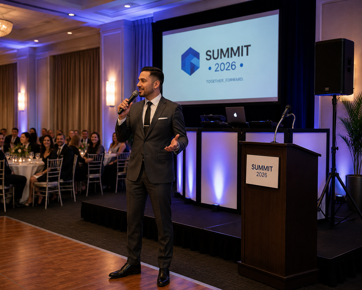 Professional MC making announcements during a corporate event
