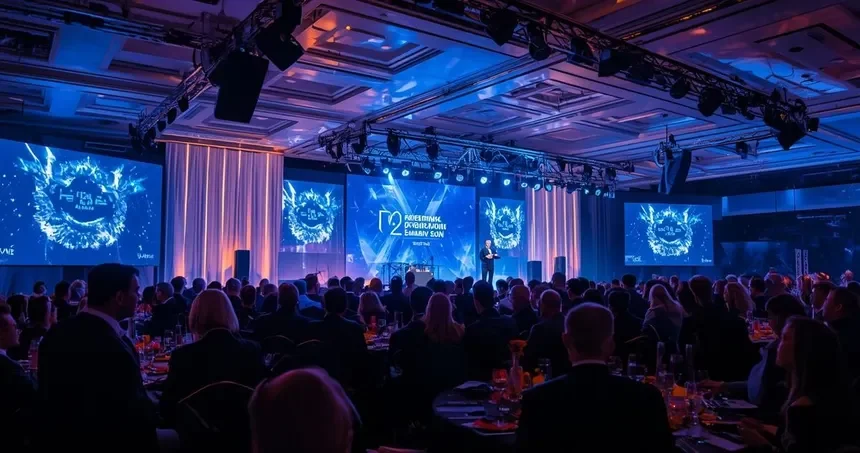 Custom branded visuals and presentation screens at a corporate event