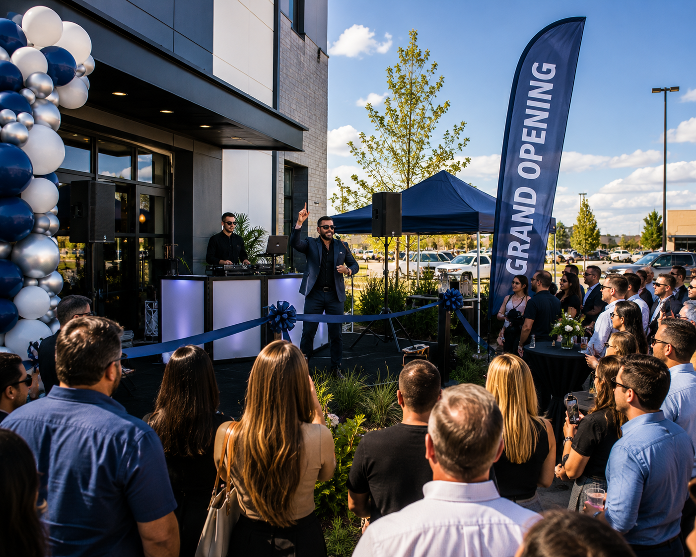 Grand opening event with DJ, professional audio and announcements
