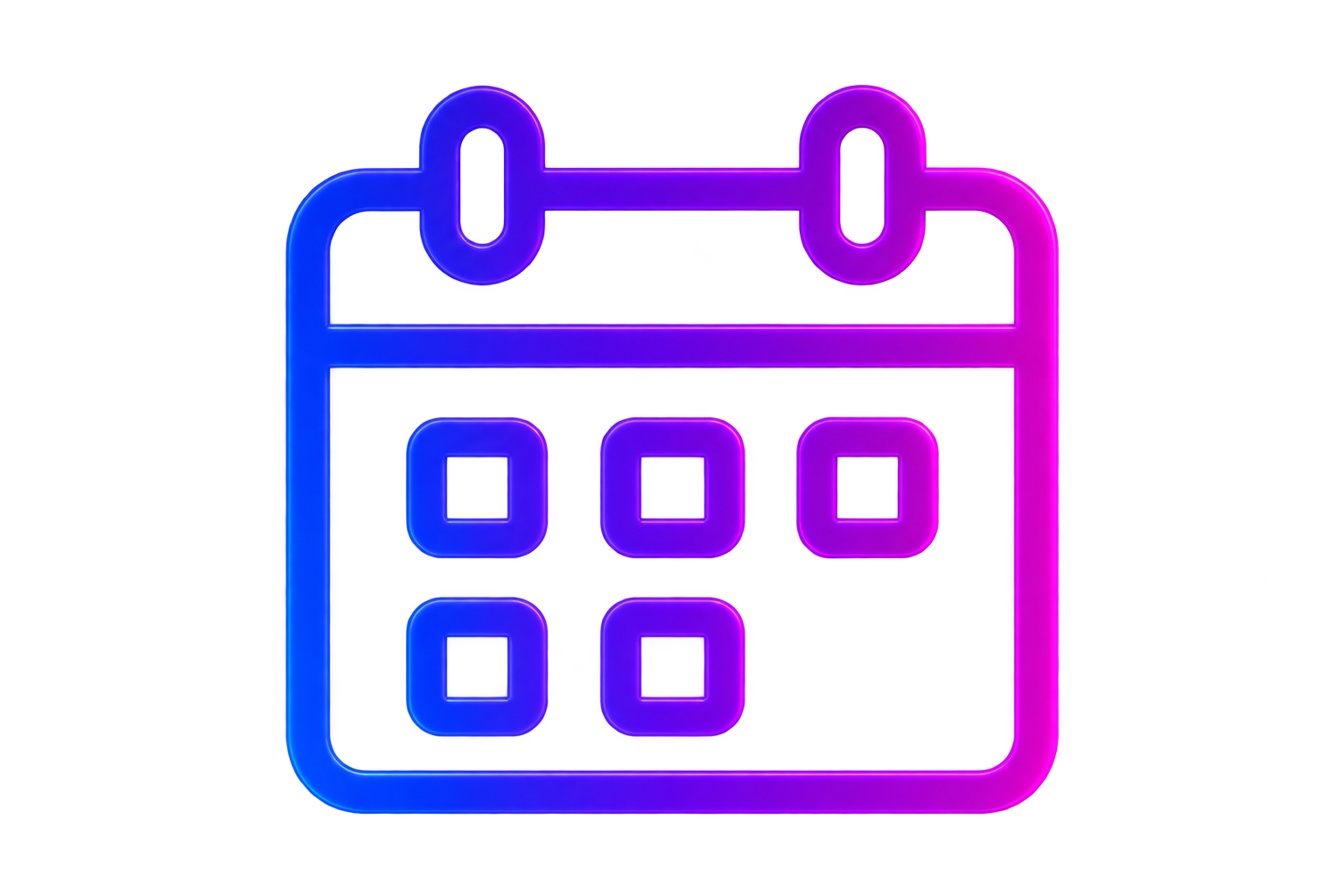 Neon sign of calendar with six squares in two columns and three rows, glowing in blue and pink colors.