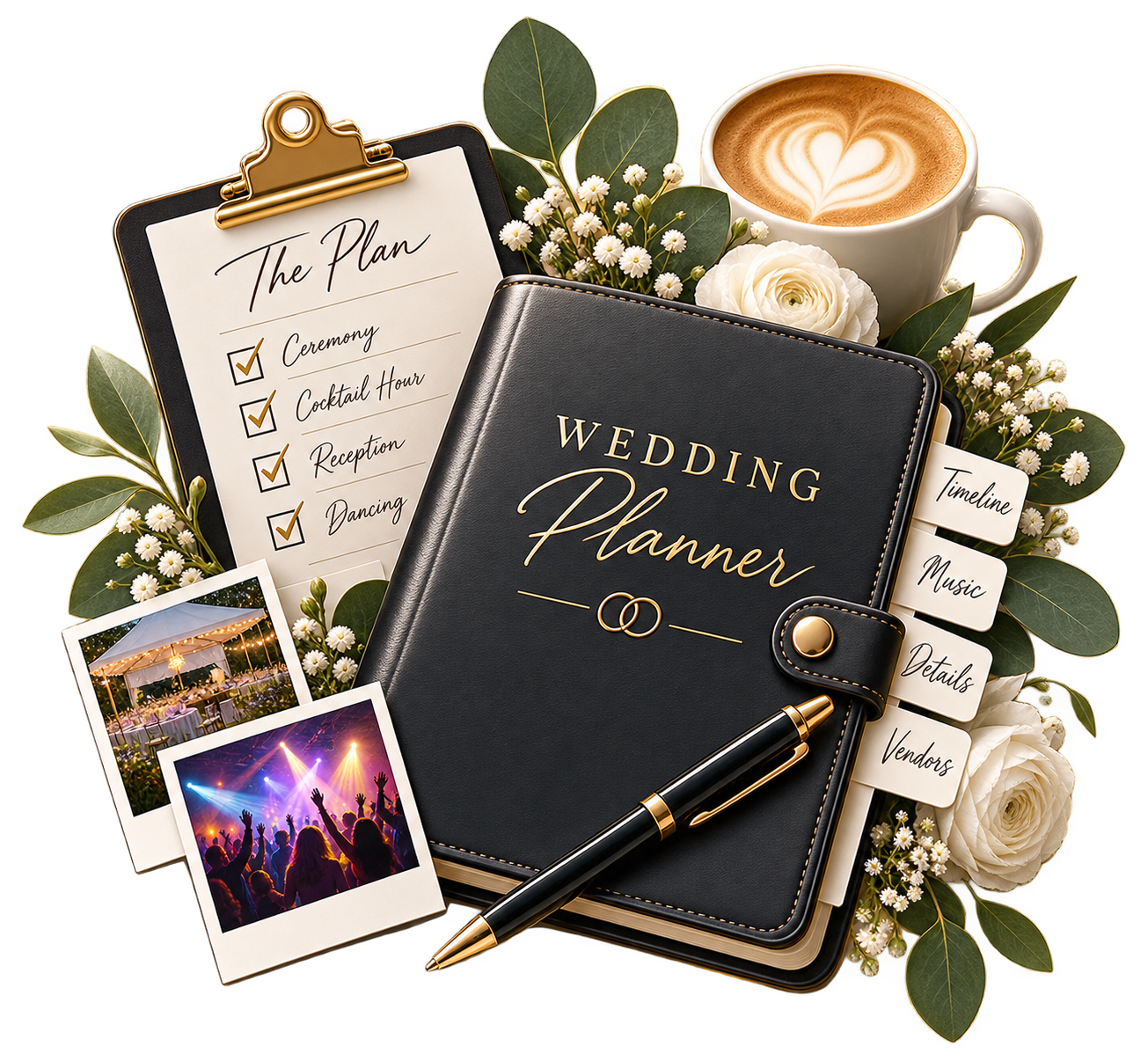 Wedding planner book surrounded by floral decorations, a pen, photos of a reception and dance, a latte with heart foam, and a wedding schedule checklist.
