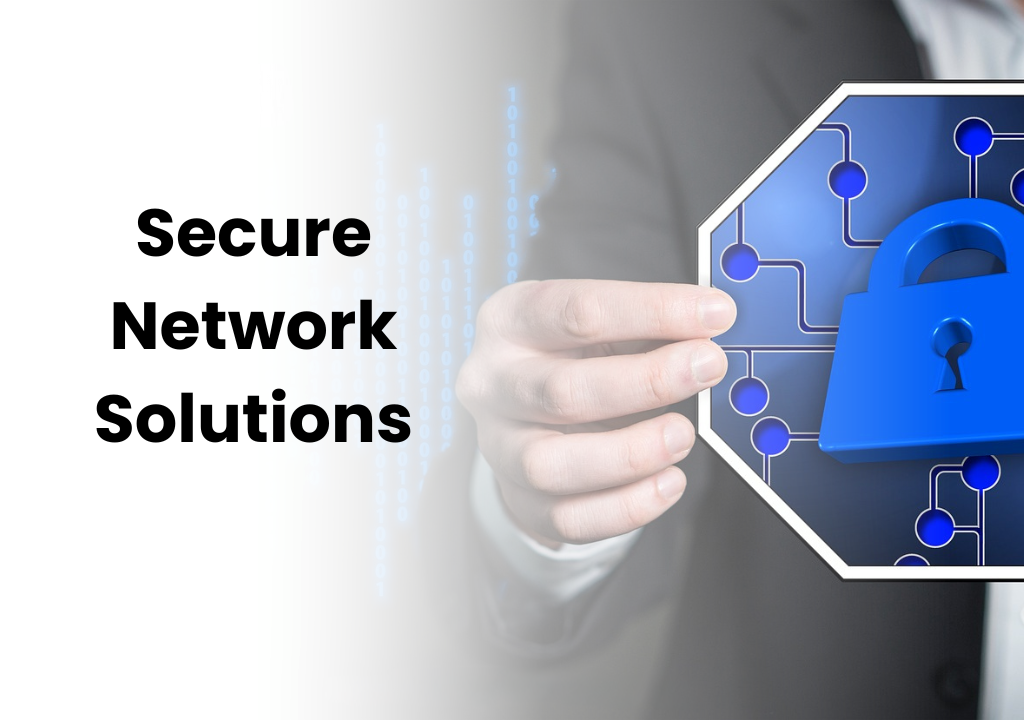 Businessperson holding a digital shield with a padlock and network lines, with text 'Secure Network Solutions' on the left.