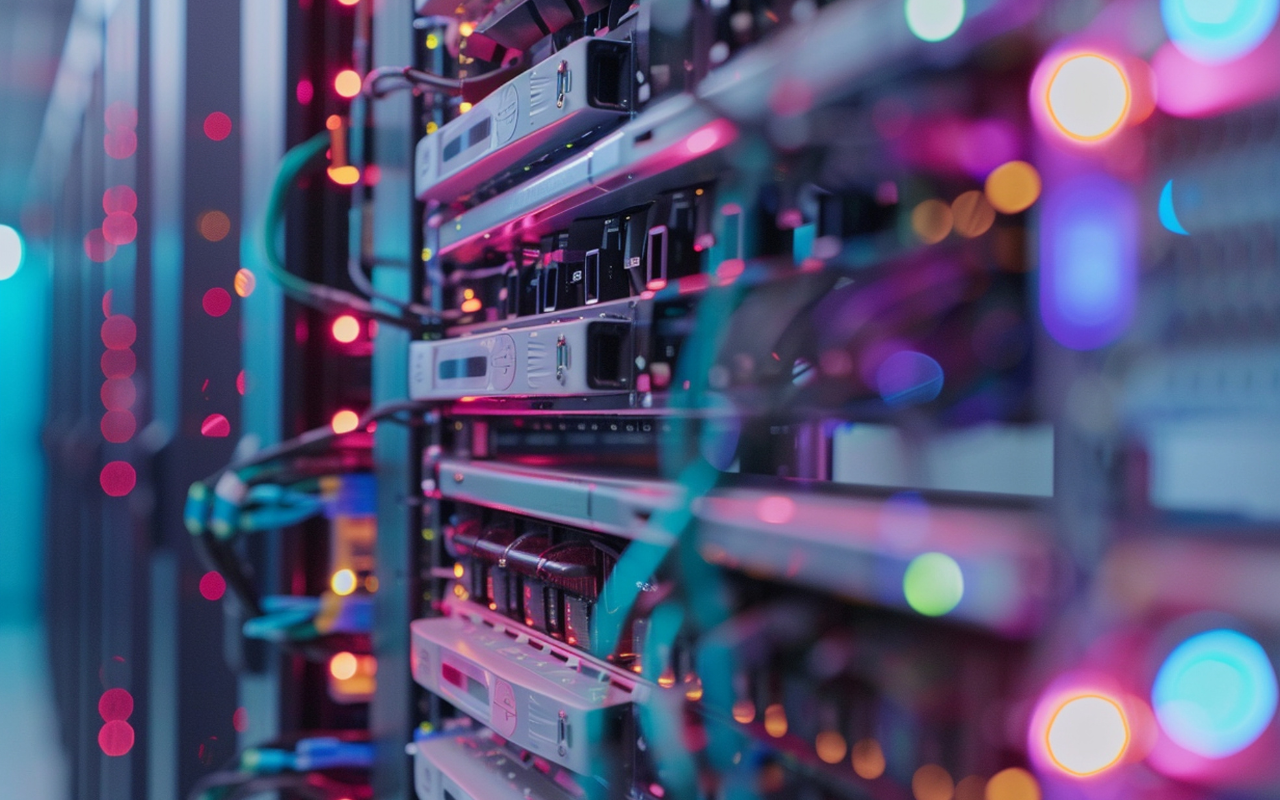 Close-up of a server rack with interconnected wires and electronic components, illuminated by colorful LED lights.