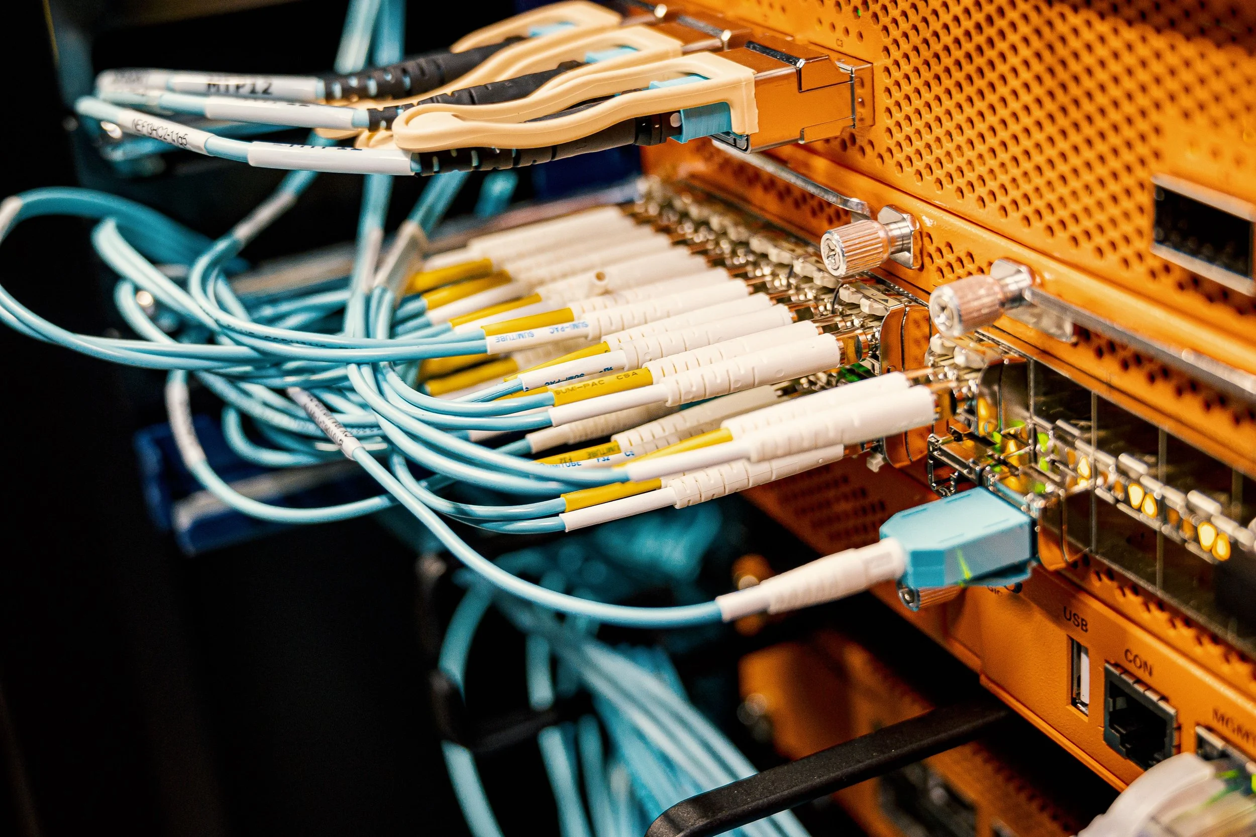 Close-up of network cables connected to a server or network switch with orange server hardware.