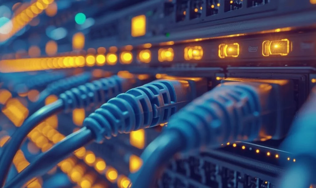 Close-up of network cables plugged into a server rack with blinking yellow and blue LED lights.