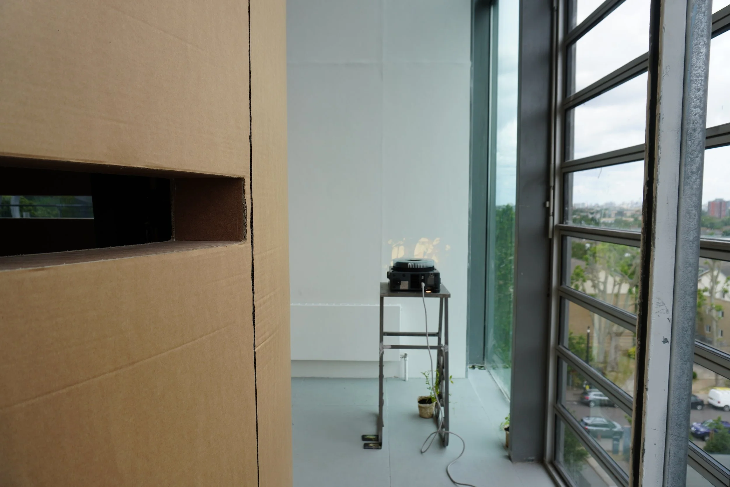 like the sweet pea out the back garden, Installation shot; cardboard bird hide, welded steel projector stand, slide projector, short film, 2023