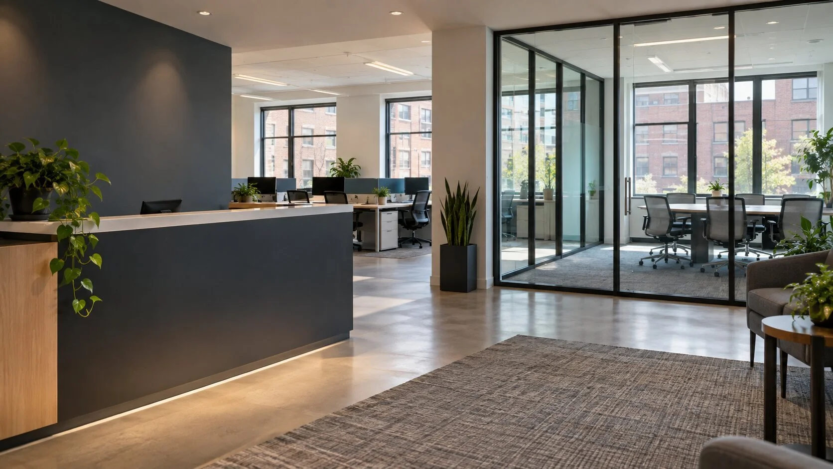 Office workspace with desks and seating.