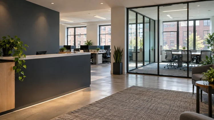 Office workspace with desks and seating