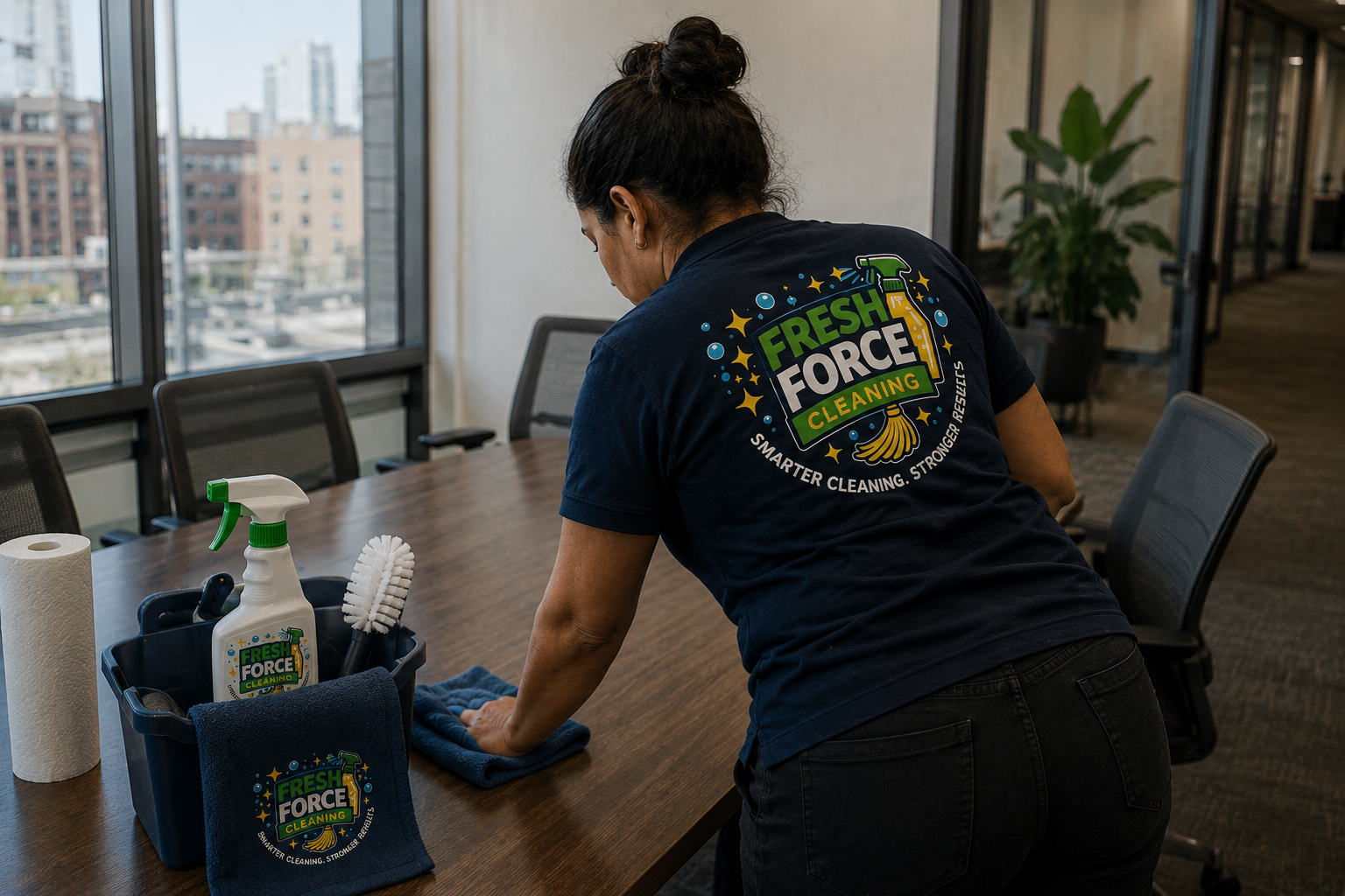 Professional cleaner sanitizing a conference table in an office.