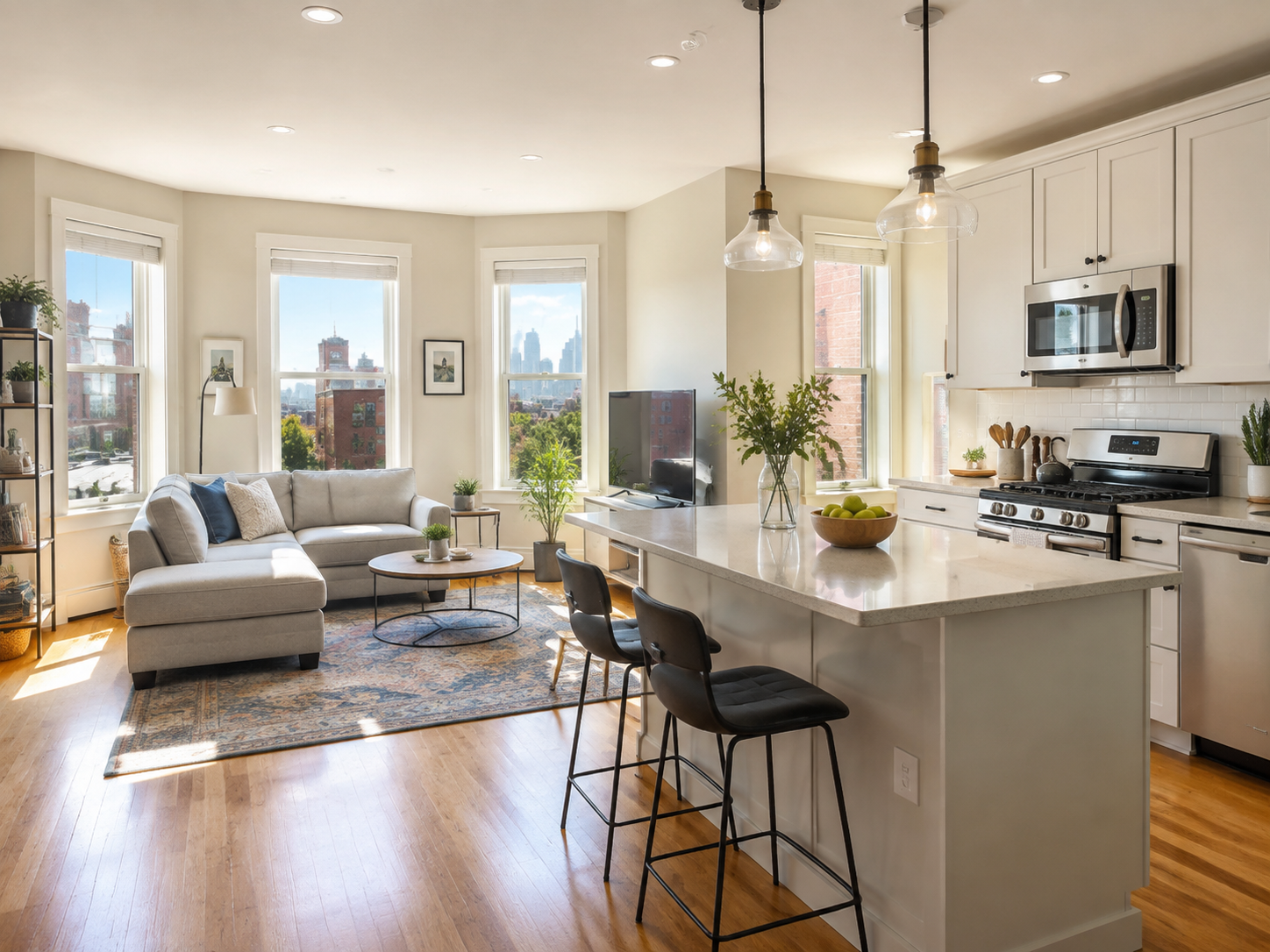 Professionally cleaned Greater Boston apartment living room and kitchen.