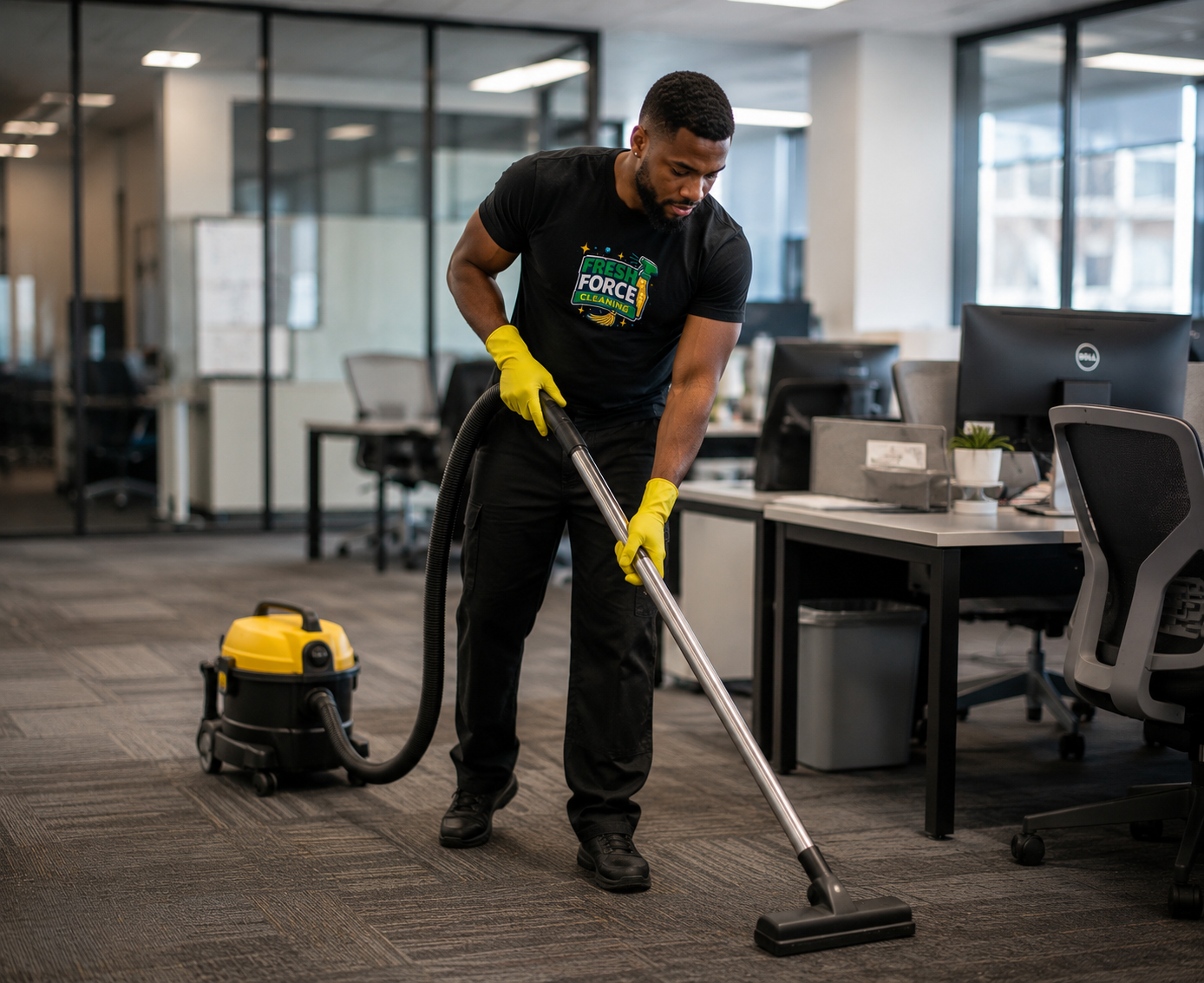 A man wearing yellow gloves vacuuming the carpet in an office with desks, computers, and large windows.