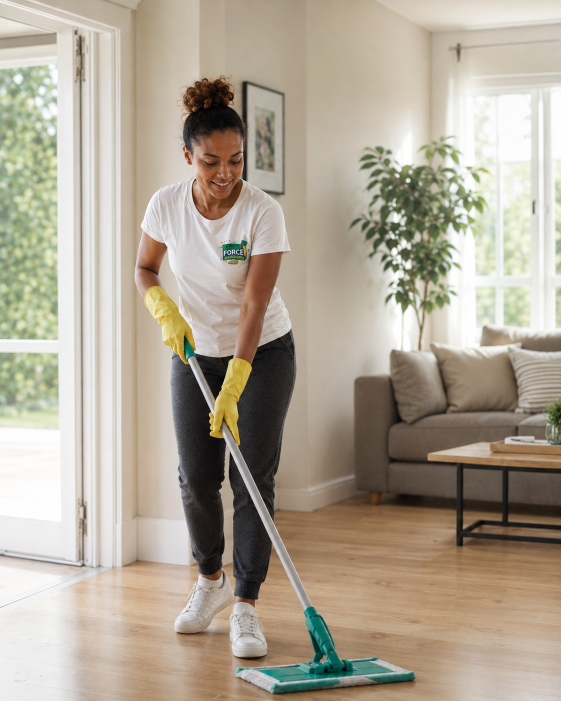 Woman cleaning hardwood floor with a mop in a bright living room.