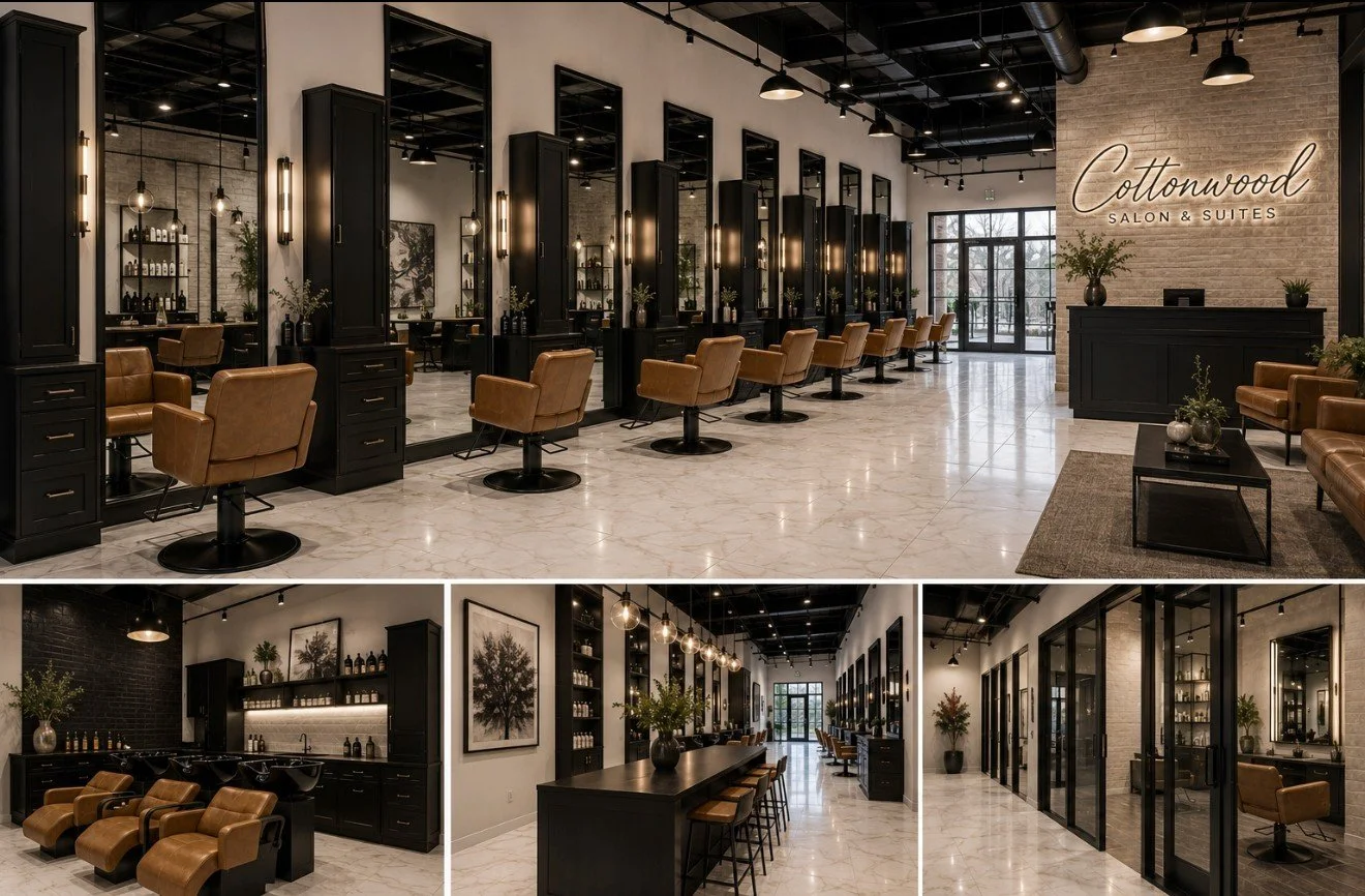 Interior of a modern salon with styling stations, seating areas, and a reception desk, featuring black cabinetry, brown leather chairs, marble flooring, and decorative plants.