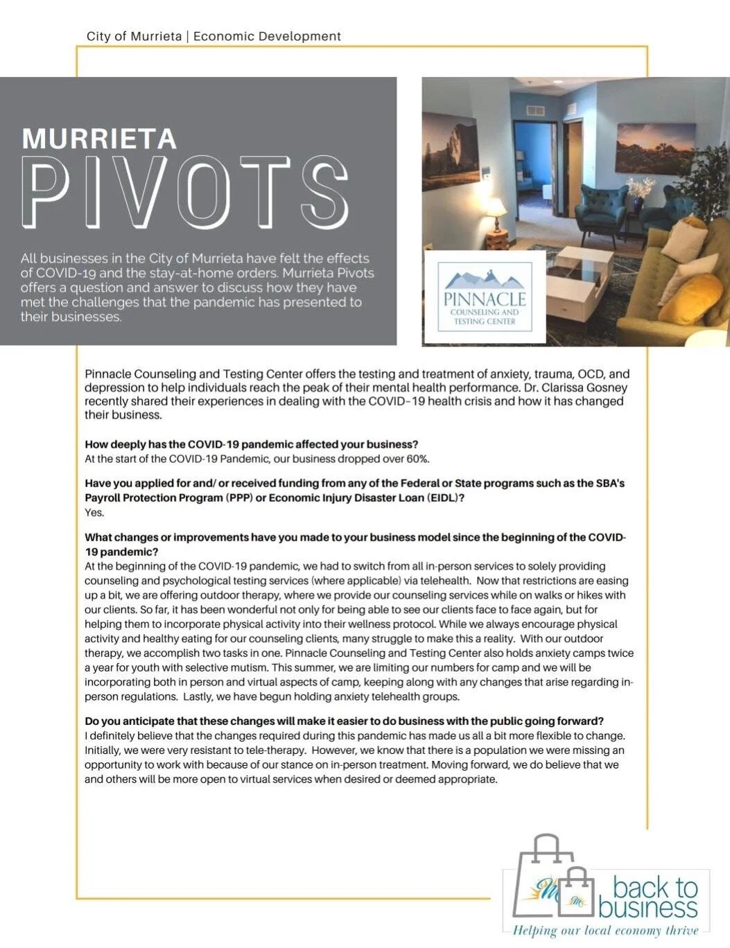       
  
    We are so excited to be featured in the City of Murrieta’s “Back to Business” newsletter in the “Murrieta Pivots” article! Local businesses discussed how COVID-19 changed the way we do business, and what lasting effects this pandemic ha