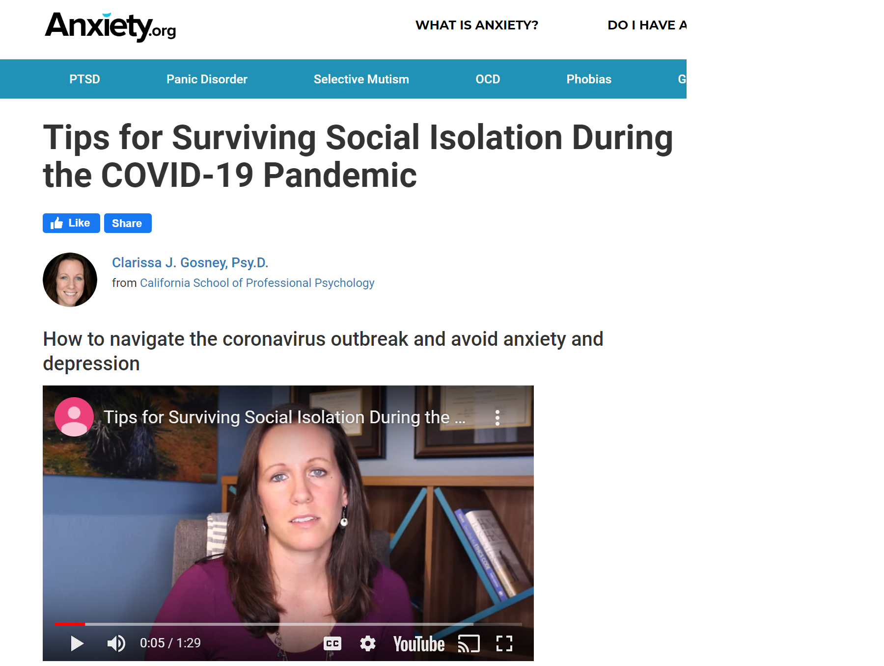       
  
        Do you need a break from the feelings anxiety, depression, or stress about the COVID-19/Corona Virus outbreak? Check out Dr. Gosney’s video “ Tips for Surviving Social Isolation During the COVID-19 Pandemic ",” published by Anxiety.