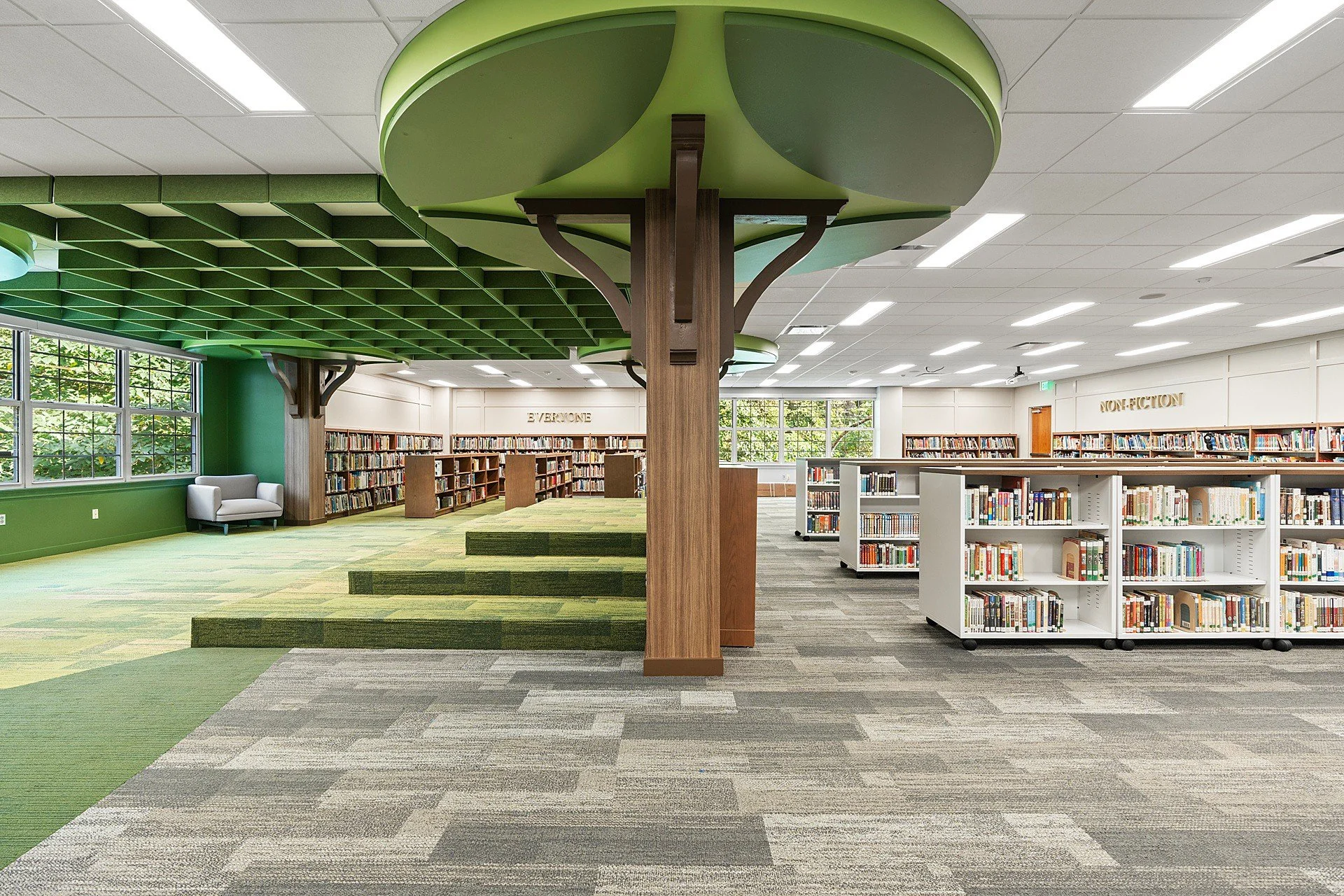 This renovation transformed Mountain Brook Elementary’s library into a treehouse-inspired space featuring custom architectural details throughout the ceiling and a themed stage. Built during a tight summer schedule, the project incorporated unique el