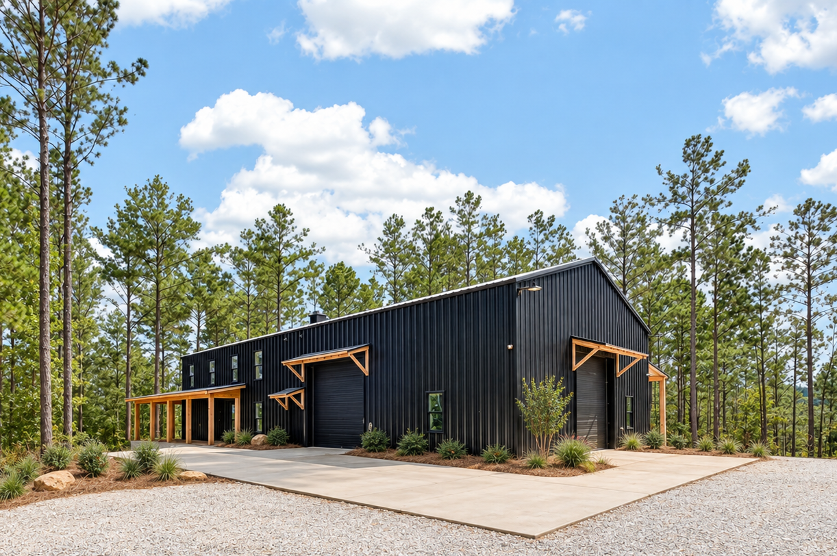This 440-acre lakefront property sits a mile off the main road, used as a private getaway and hunting land. From the outside, it's a metal-shell structure built to look like a classic barn. The interior features modern luxury, with reclaimed lumber m