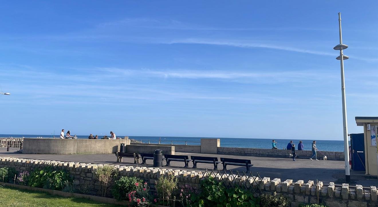 A seaside promenade with a clear blue sky, a few clouds, and the ocean in the background. Several people are sitting and walking along the walkway, some with dogs. There are benches, a small garden with flowers in the foreground, and a tall, modern streetlamp on the right side.