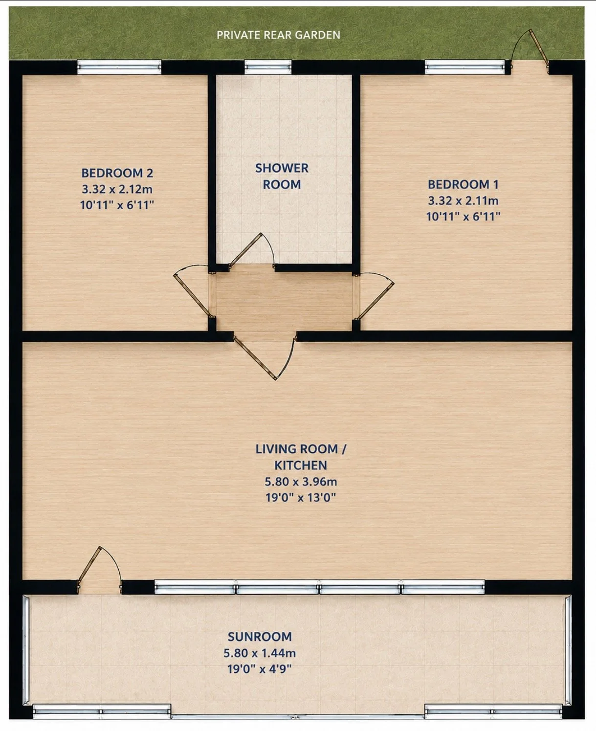 Floor plan of a house with labeled rooms including Living Room/Kitchen, Sunroom, Two Bedrooms, a Shower Room, and a Private Rear Garden area.