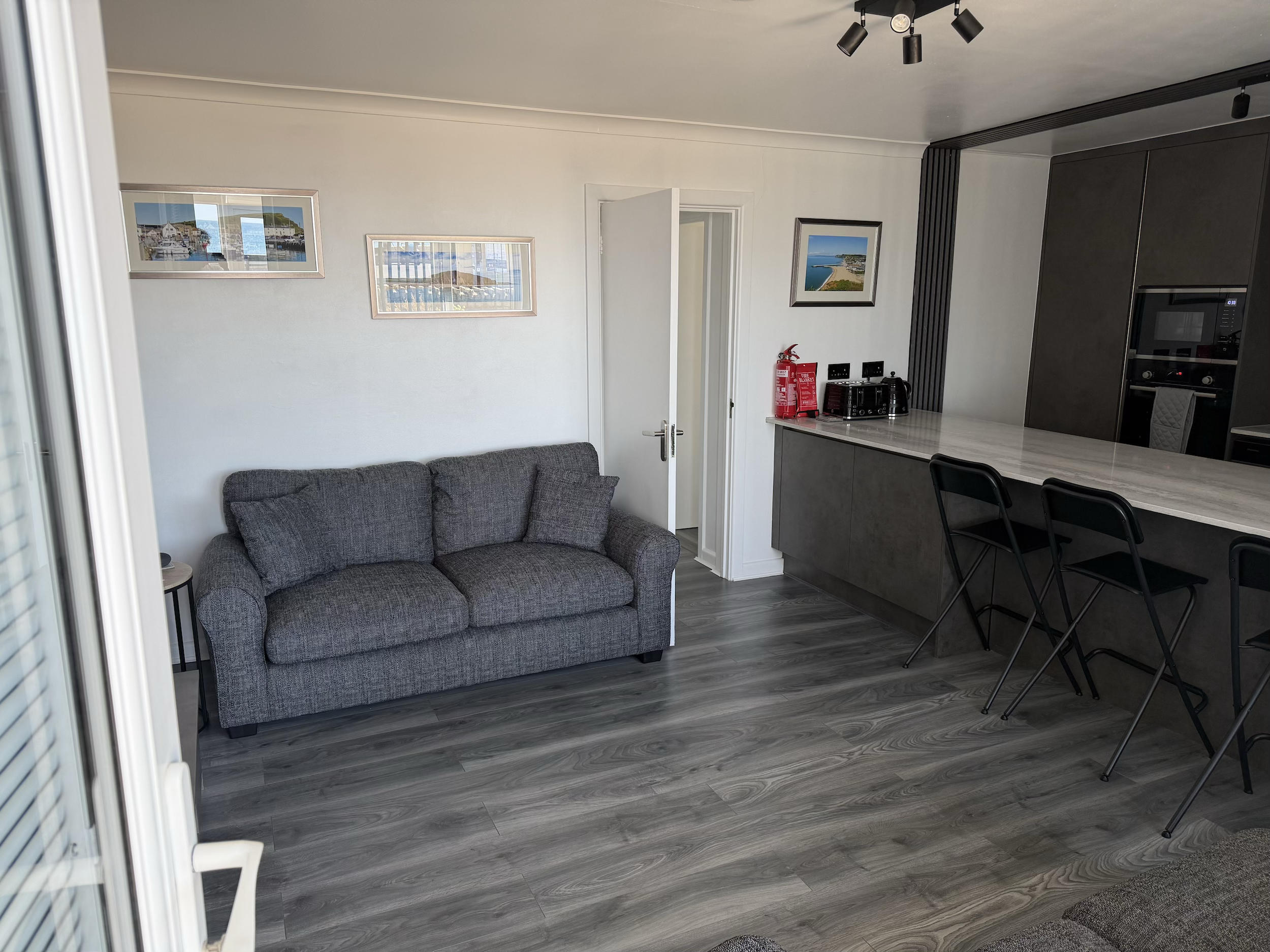 Contemporary living room with a gray fabric sofa, wall art, wood faux flooring, and a kitchen countertop with small appliances