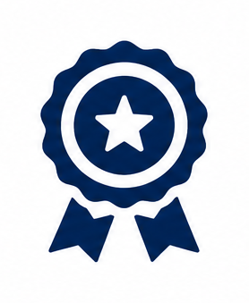 A blue award ribbon with a star in the center and two hanging ribbons.