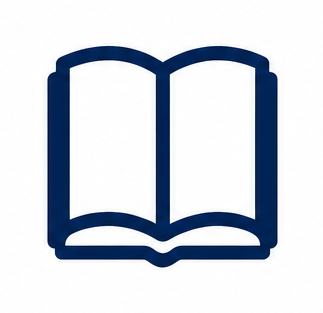 Icon of an open book in dark blue outline