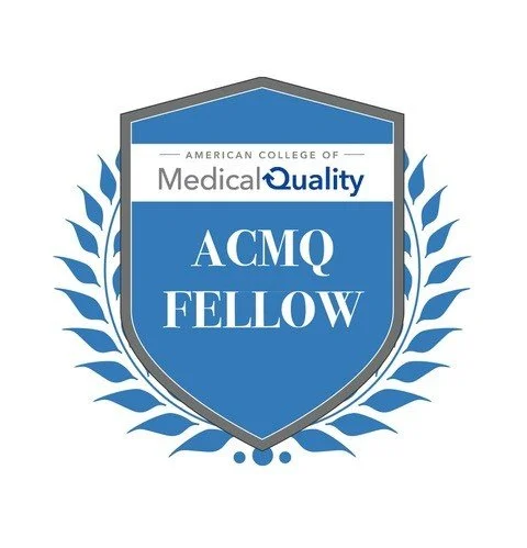 Badge with shield design featuring the text 'American College of Medical Quality ACMQ Fellow' and blue laurel leaves surrounding it.