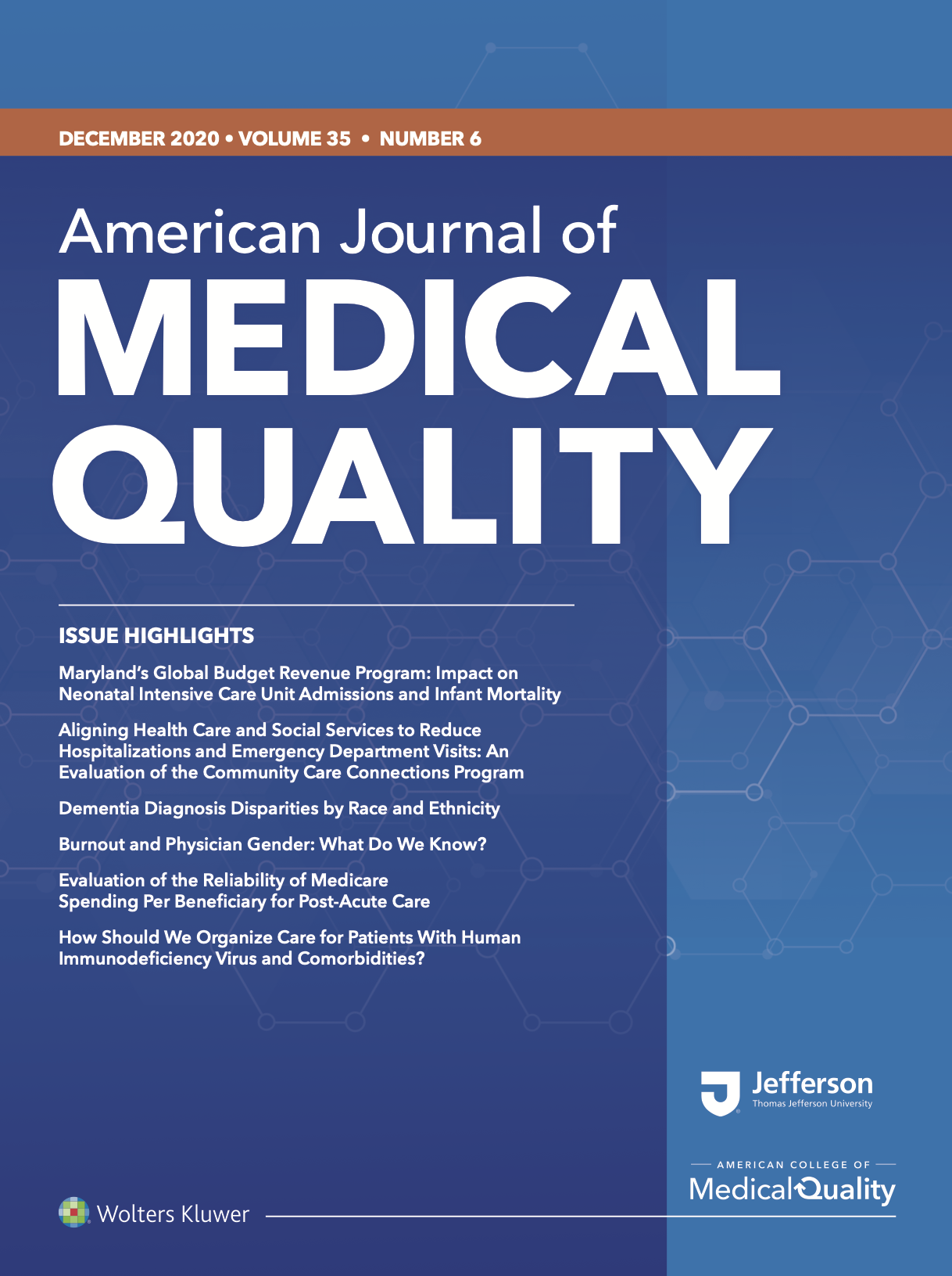 Cover page of the American Journal of Medical Quality, December 2020, Volume 35, Number 6, featuring article titles and the Jefferson Thomas Jefferson University logo, with a blue background and hexagonal graphic pattern.