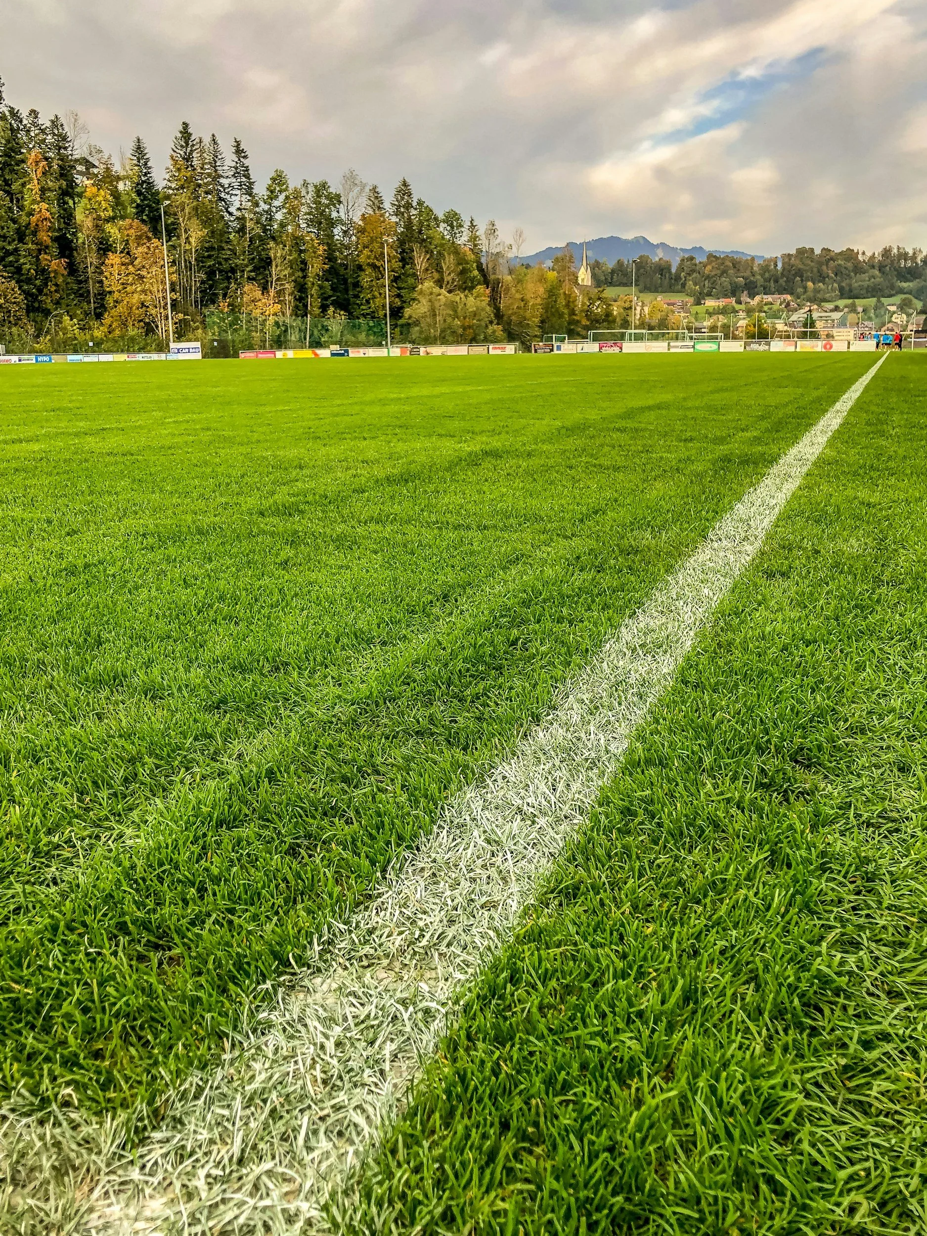 A soccer field with green grass, a white sideline, and advertisements along the perimeter fence. In the background, trees, houses, a church, and mountains under a partly cloudy sky.