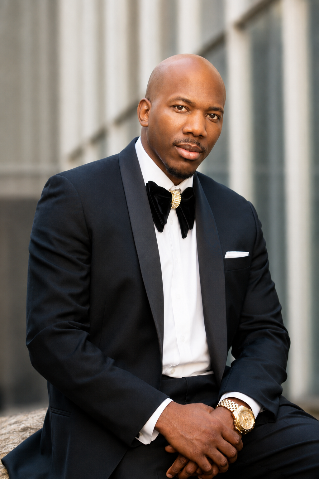 A man in a black tuxedo with a bow tie and gold watch, sitting outside on a stone surface, with a blurred building background.