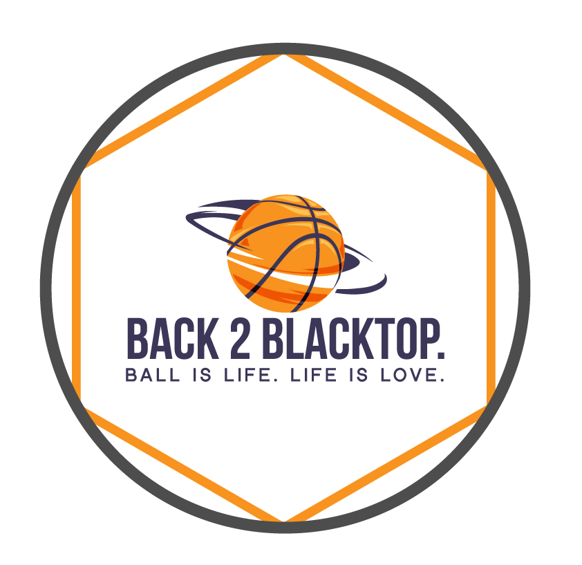 Logo for Back 2 Blacktop basketball team featuring an orange basketball with black lines and surrounding starry design, with the slogan "Ball is life. Life is love."