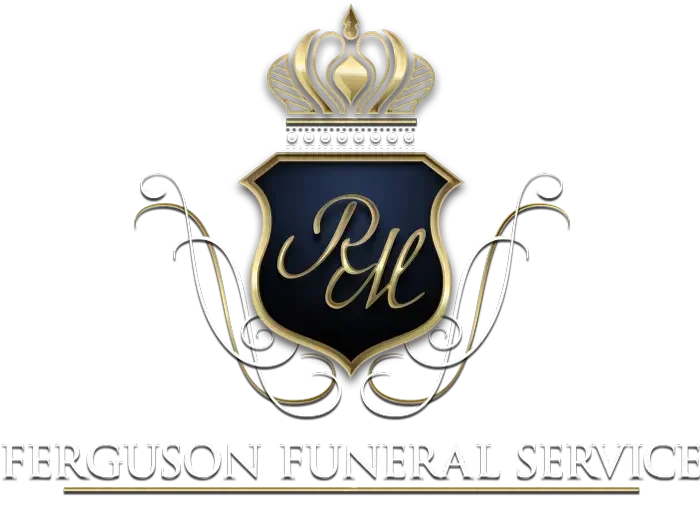A logo for Ferguson Funeral Service featuring a shield with the initials 'P 4 K' inside, topped with a crown, and decorative scrollwork around the shield, with the company name in uppercase letters below.