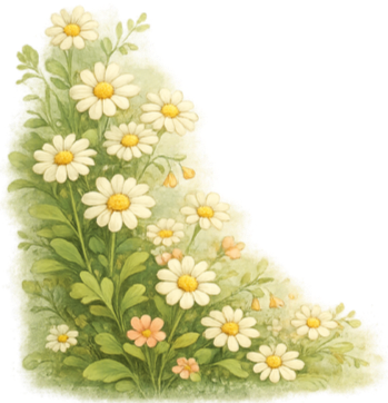 A watering can covered in white daisies with yellow centers and green leaves, set against a light background.