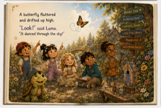Children sitting by a pond with a frog, watching a butterfly fly above them in a forest setting.