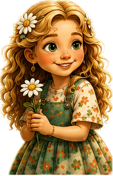 Animated girl with long, curly hair holding a daisy, wearing a floral dress and overalls.